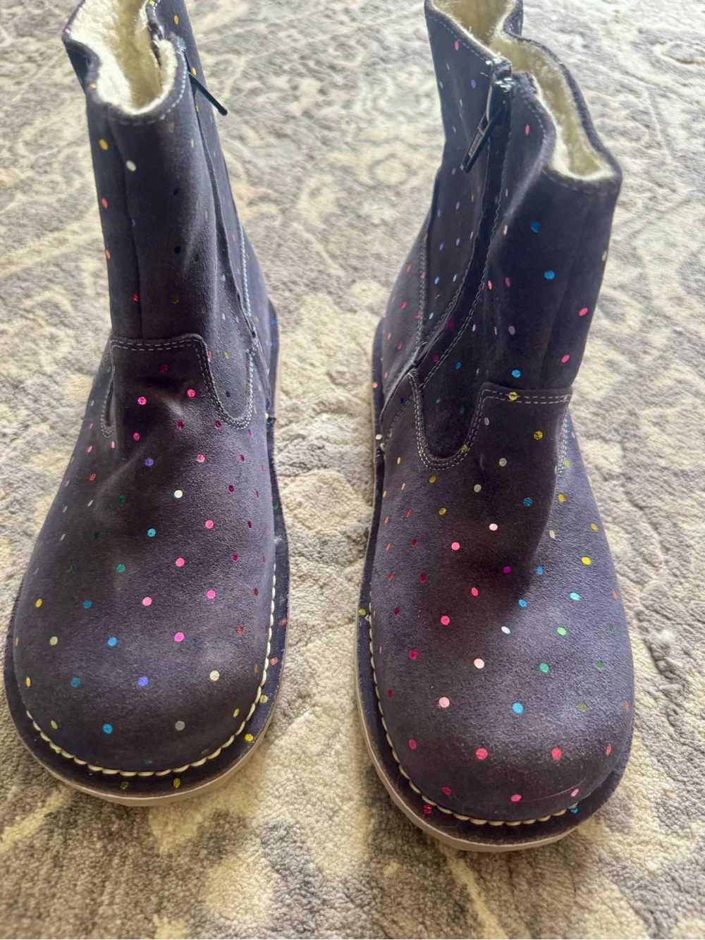 Mini Boden Navy Suede Kids Ankle Boots with Colorful Polka Dots